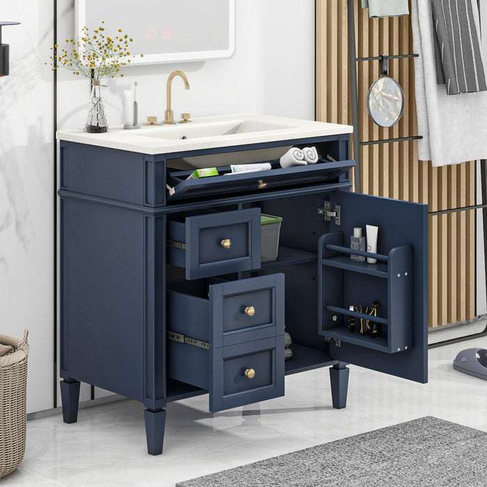 Giga bathroom vanity with top sink, storage cabinet, two drawers, and tip-out drawer, modern bathroom furniture.