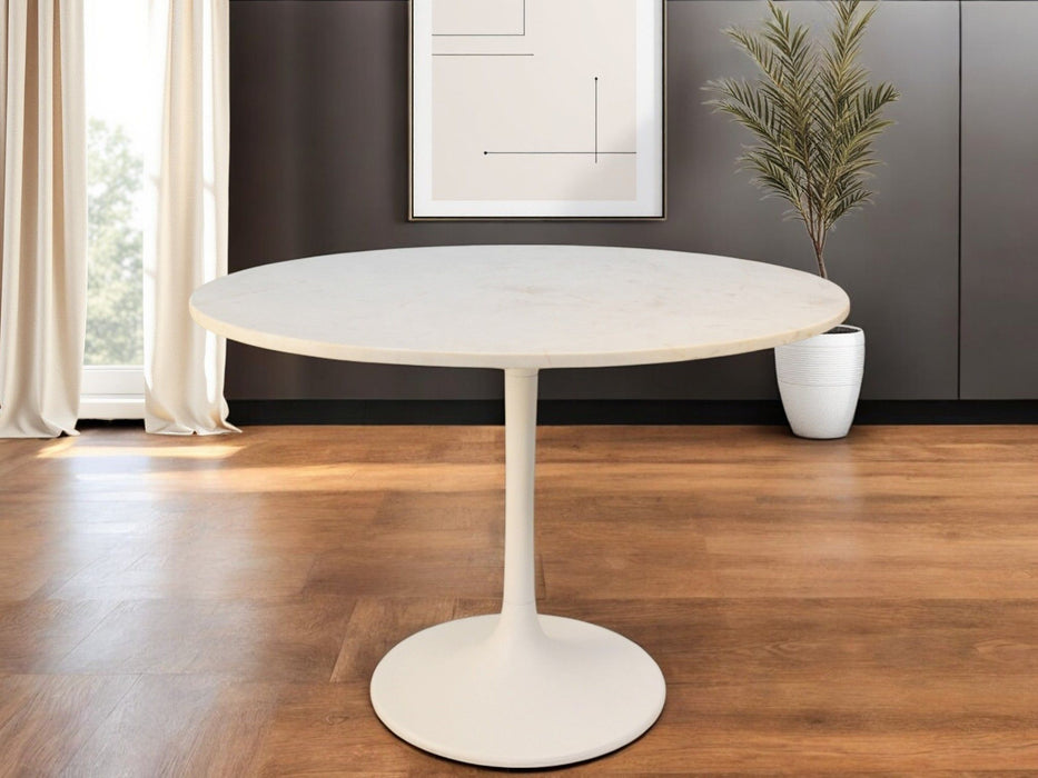40" Rounded Marble And Iron Pedestal Base Dining Table - White
