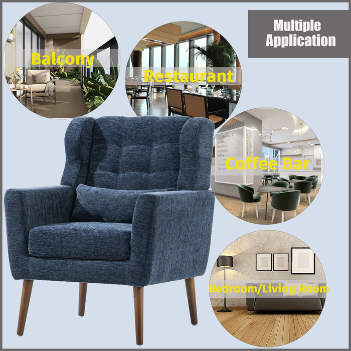 Giga modern upholstered accent arm chair with soft padding, wooden legs, a pillow, ideal for living rooms or bedrooms.