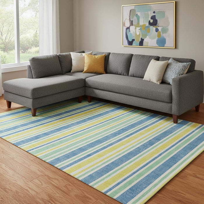 10' X 14' Striped Washable Area Rug With UV Protection (647896) - Yellow / Blue