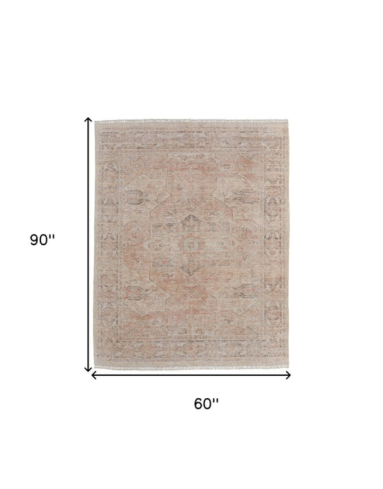 5' X 8' Oriental Hand Woven Distressed Area Rug With Fringe - Tan