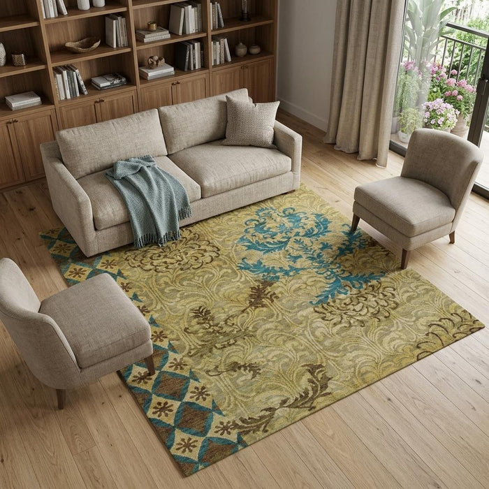 9' X 13' Floral Hand Knotted Area Rug (744416) - Tan / Brown / Blue