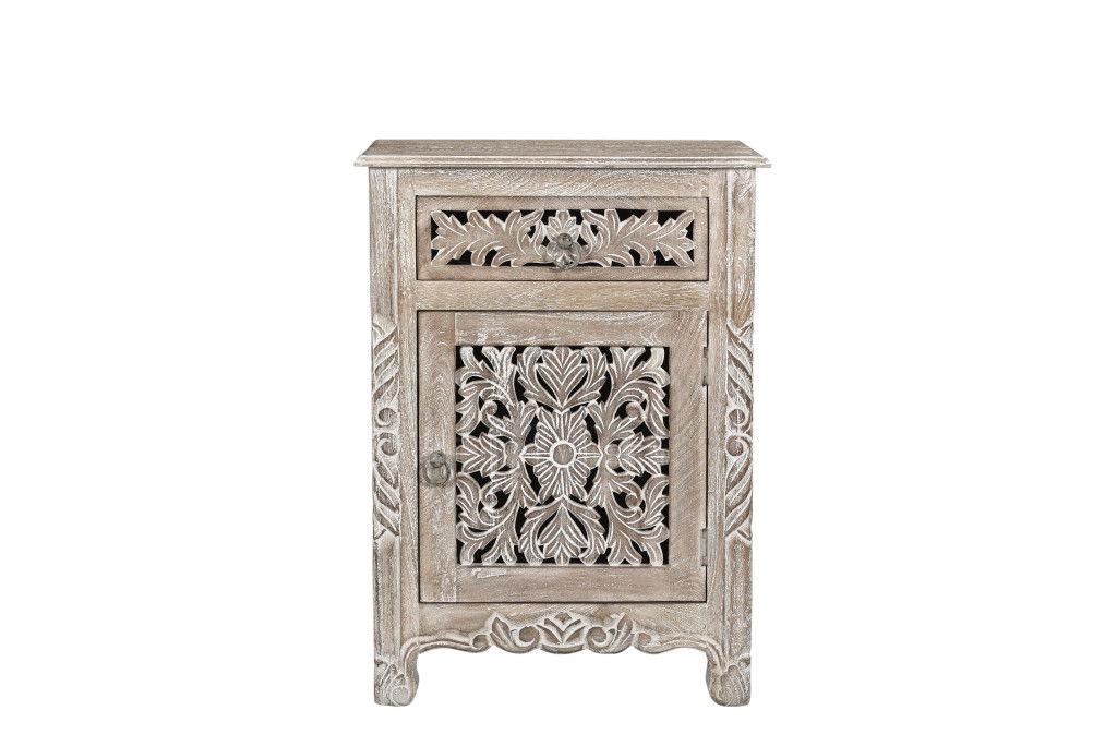 One Drawer One Door Floral Carved Nightstand - Gray