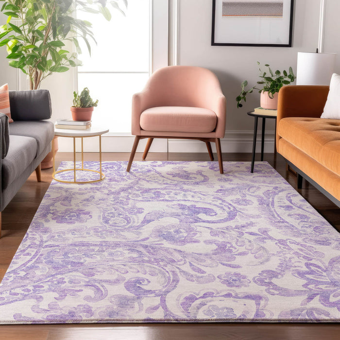 10' X 14' Paisley Washable Area Rug With UV Protection - Lavender And Ivory