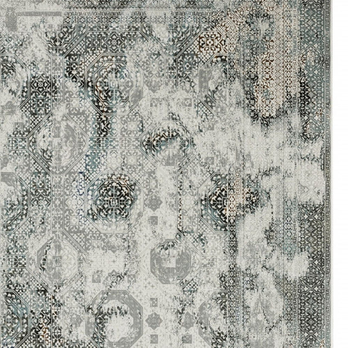 10' x 13' Oriental Power Loom Stain Resistant Area Rug - Ivory Gray Charcoal Blue And Rust