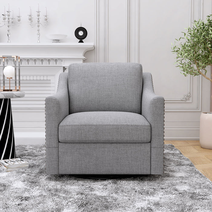 Giga 360-degree swivel armchair with skin-friendly fabric, brass nail accents, and ergonomic design for comfortable seating.