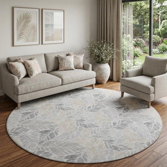 8' Tropical Botanical Distressed Washable Round Rug With UV Protection (646322) - Light Gray / Taupe / Charcoal