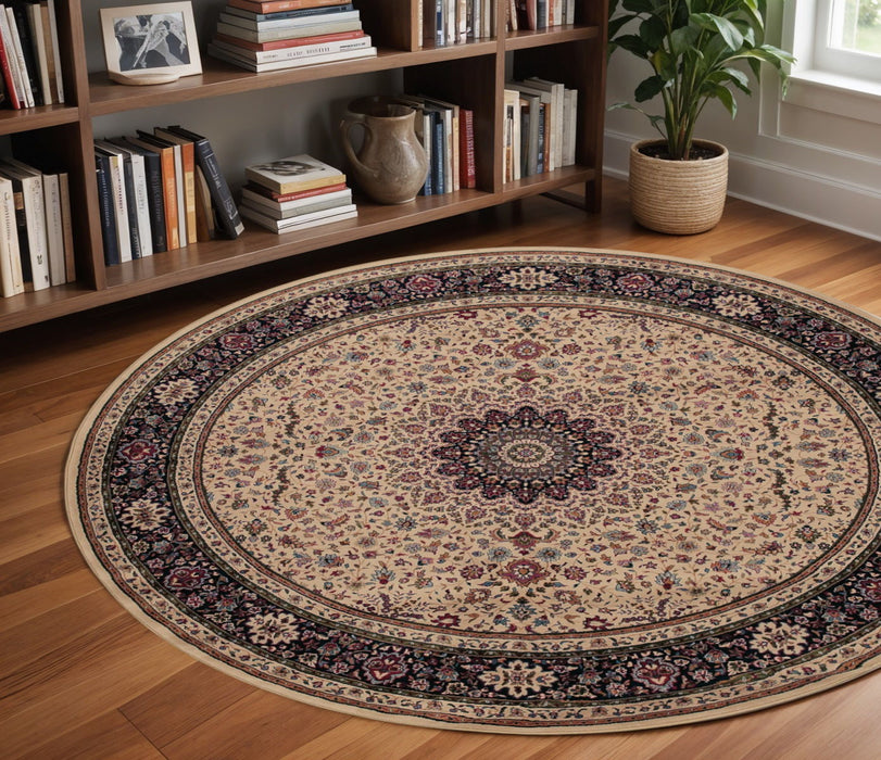 8' Oriental Round Rug - Ivory / Black
