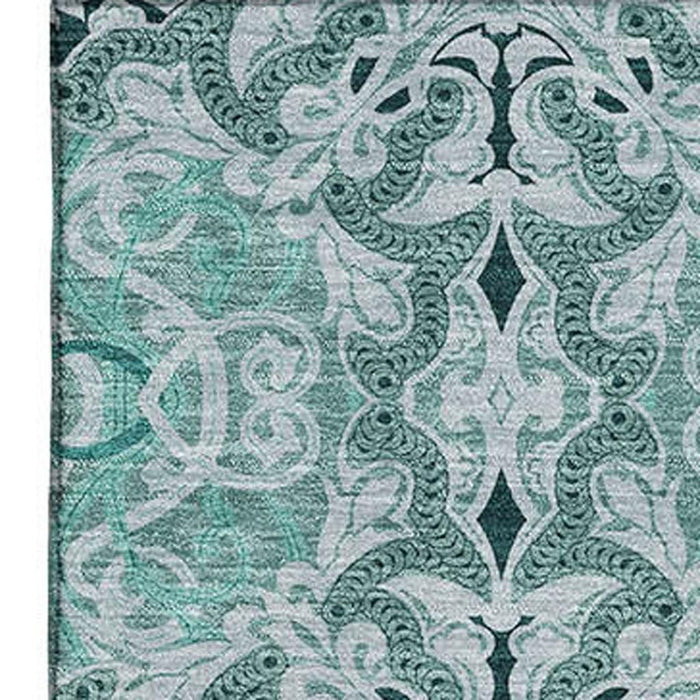 10' X 14' Medallion Washable Area Rug Polyester With UV Protection - Teal And Ivory