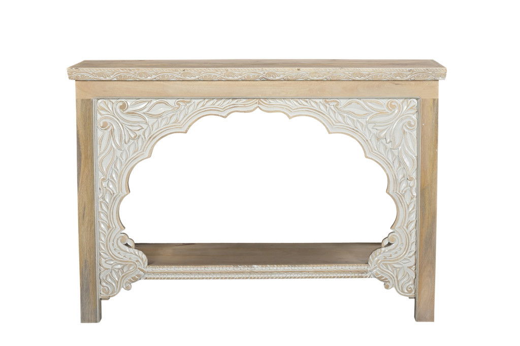 56" Solid Wood Distressed Console Table With Shelf - Natural And White