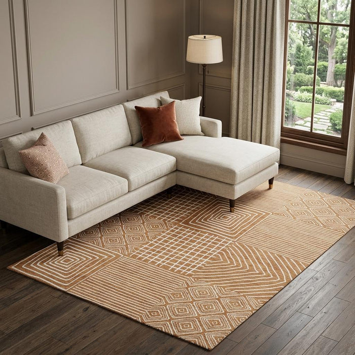 10' X 14' Geometric Washable Area Rug With UV Protection (681929) - Rust / Beige