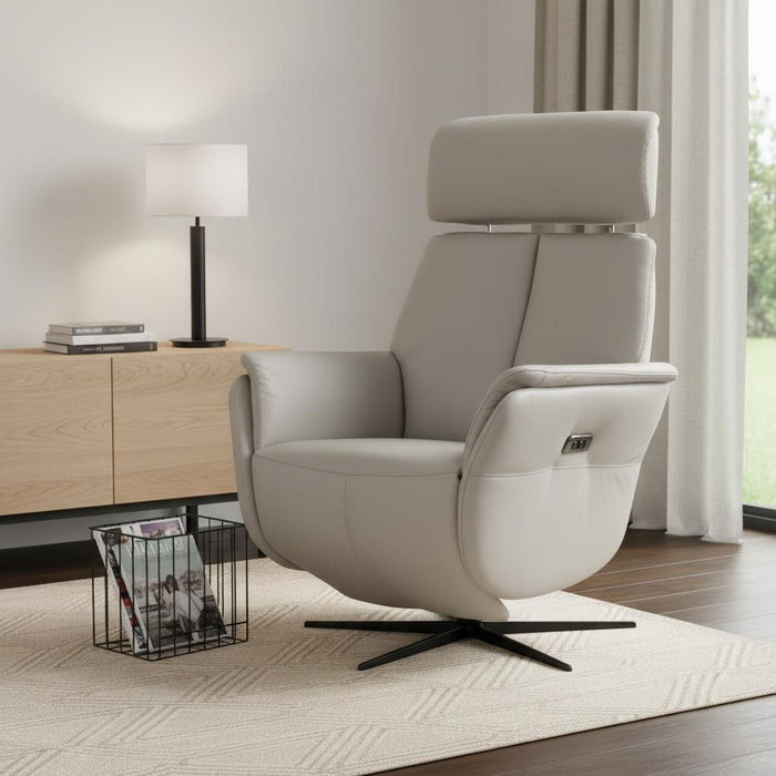 Genuine Leather Power Swivel Recliner - Light Gray