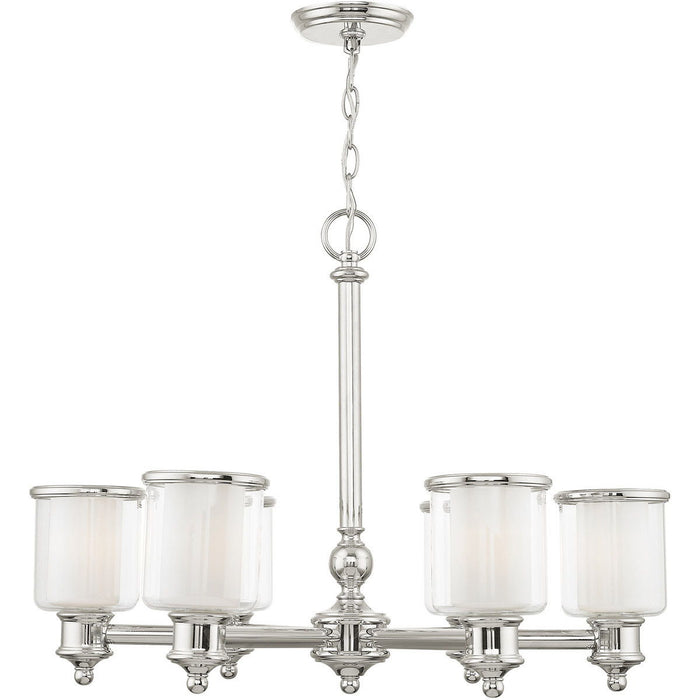 Six-light metal chandelier with shades in nickel, clear, and opal finish, featuring a modern design by HomeRoots.