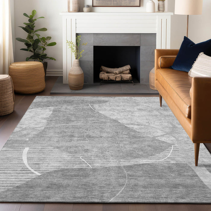 9' X 12' Abstract Geometric Washable Area Rug With UV Protection - Gray / Silver