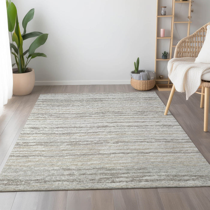 8' X 10' Striped Washable Area Rug With UV Protection - Khaki And Ivory