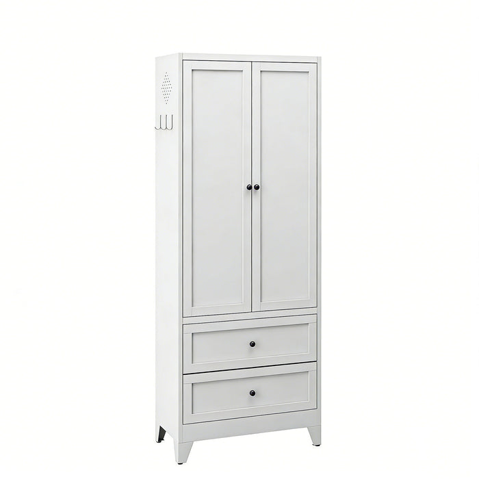 Giga white accent pantry cabinet with two drawers and adjustable shelves for kitchen storage and organization.