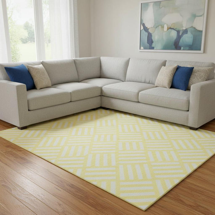 10' X 14' Geometric Washable Area Rug With UV Protection (652449) - Yellow / Ivory