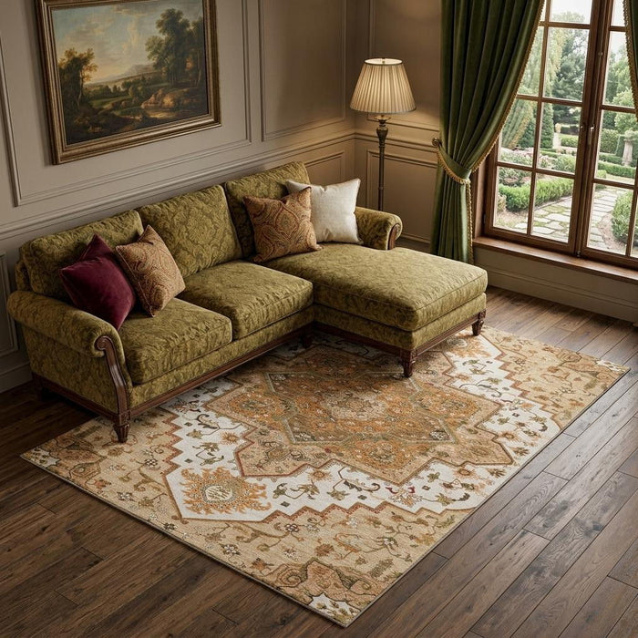 10' X 14' Oriental Washable Area Rug With UV Protection (681353) - Terra Cotta / Ivory / Beige