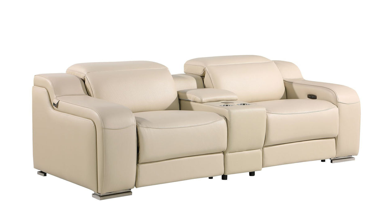 Italian Leather Power Reclining Loveseat With Storage - Beige / Silver