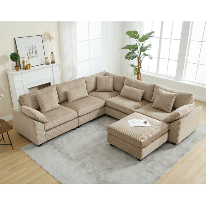 {NEW ARRIVAL}{VIDEO PROVIDED}Oversized Modular Sectional Sofa Couches Set,Corduroy Upholstered Deep Seat Comfy Sofa for Living Room ,6 Seat ,Brown