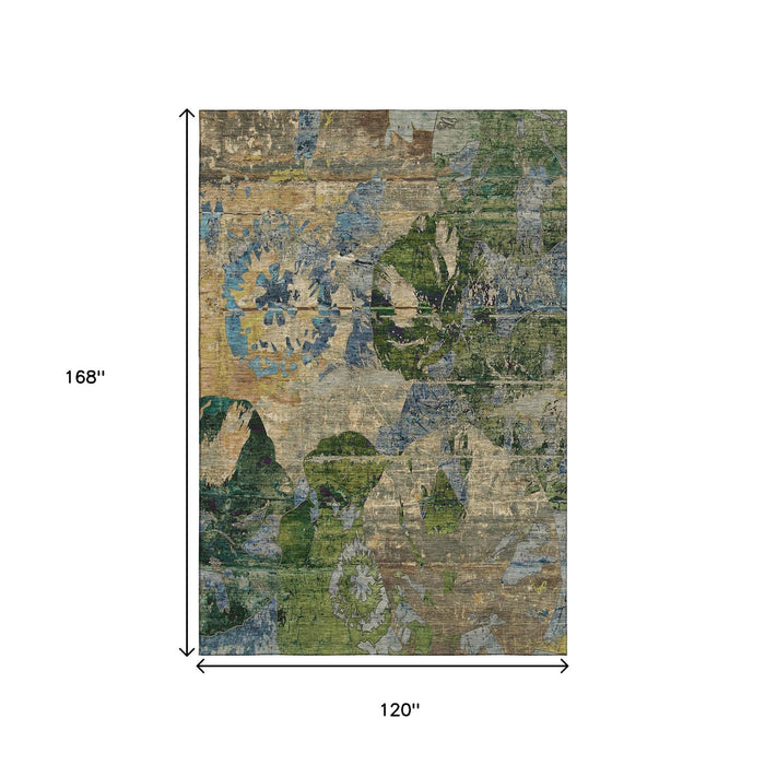 10' X 14' Abstract Washable Area Rug With UV Protection (648874) - Taupe / Green / Blue