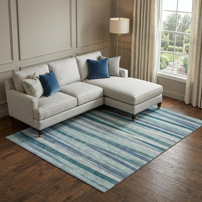 10' X 14' Striped Washable Area Rug With UV Protection (678526) - Teal / Ivory / Blue