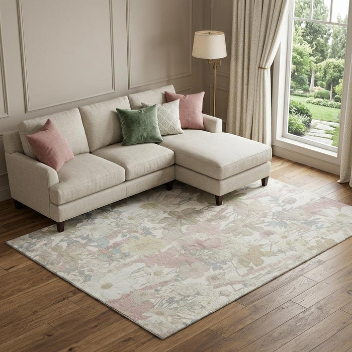 10' X 14' Floral Washable Area Rug With UV Protection (694110) - Ivory / Beige / Linen