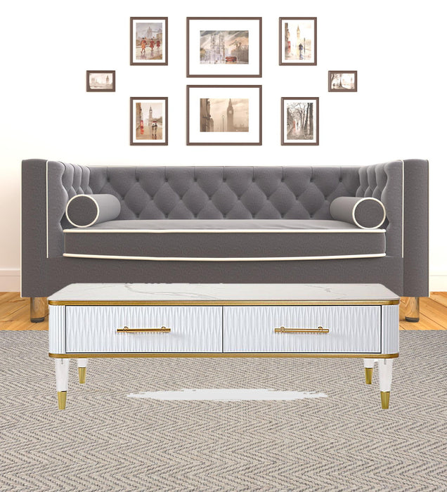 Gold And Faux Stone Rectangular Coffee Table With Drawer - White