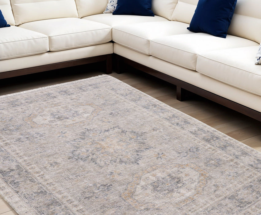 10' X 14' Oriental Hand Woven Distressed Area Rug With Fringe - Tan And Gray
