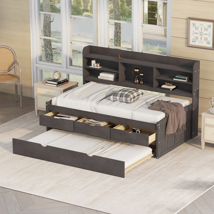 Giga Captain Bed Trundle with built-in bookshelves, three storage drawers, and a pull-out trundle bed in a modern bedroom setting.