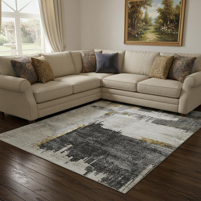 10' X 14' Abstract Washable Area Rug With UV Protection (652701) - Gray / Gold / Ivory