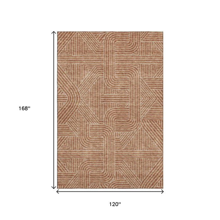 10' X 14' Abstract Geometric Washable Area Rug With UV Protection (672947) - Terra Cotta / Beige