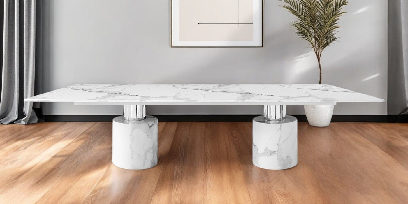 180" Marble Double Pedestal Base Dining Table - White