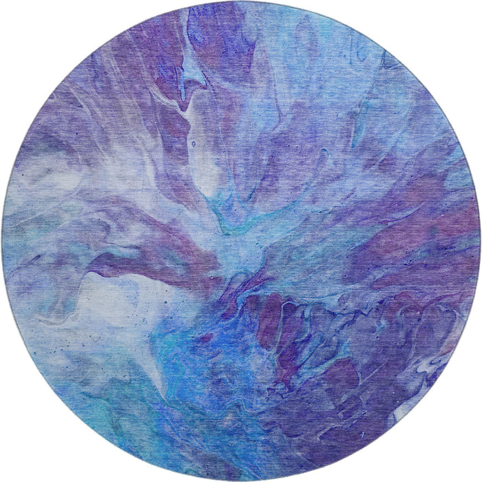 8' Abstract Washable Round Rug With UV Protection (653479) - Blue / Purple / Ivory