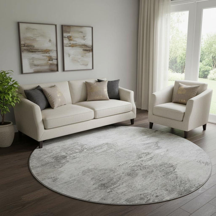 8' Abstract Washable Round Rug With UV Protection (650641) - Silver / Gray