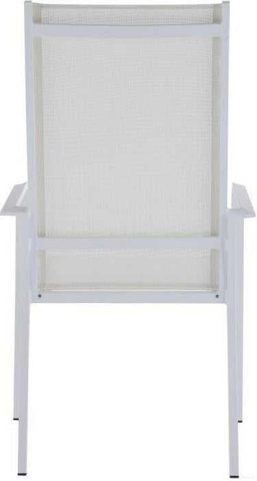 Set of two Malibu Chintaly outdoor chairs with white mesh sling seats and aluminum frames, perfect for patio lounging.
