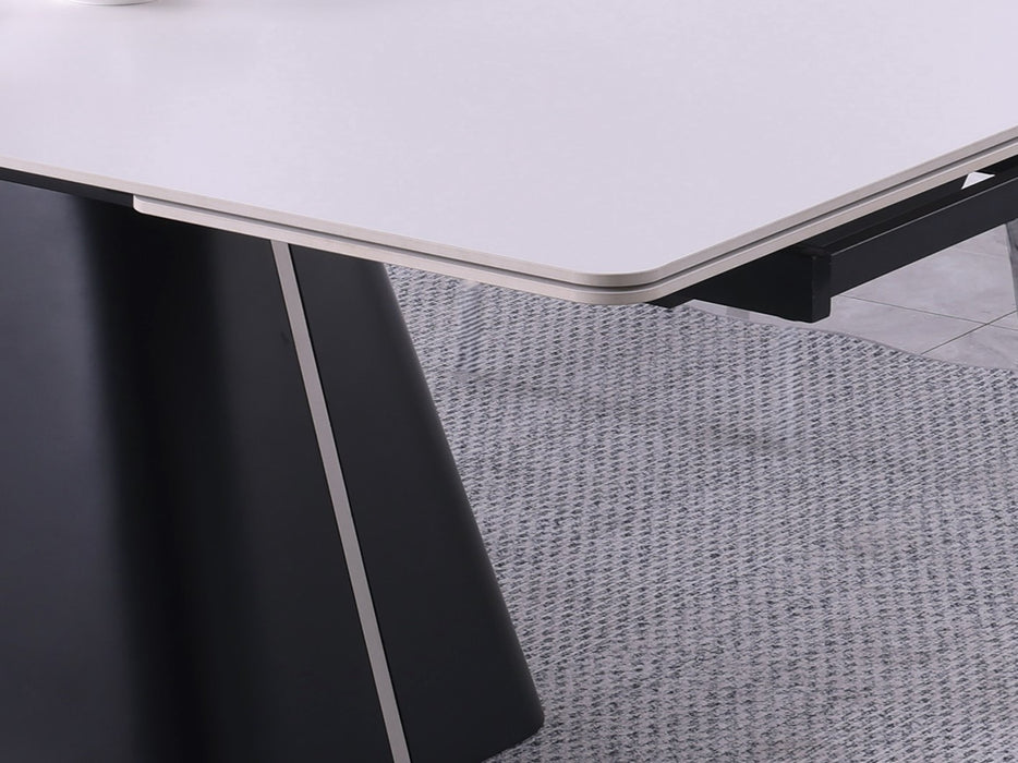 MABEL Contemporary Extendable Dining Table | Matte White Ceramic Top with Matte Black & Stainless Steel Base