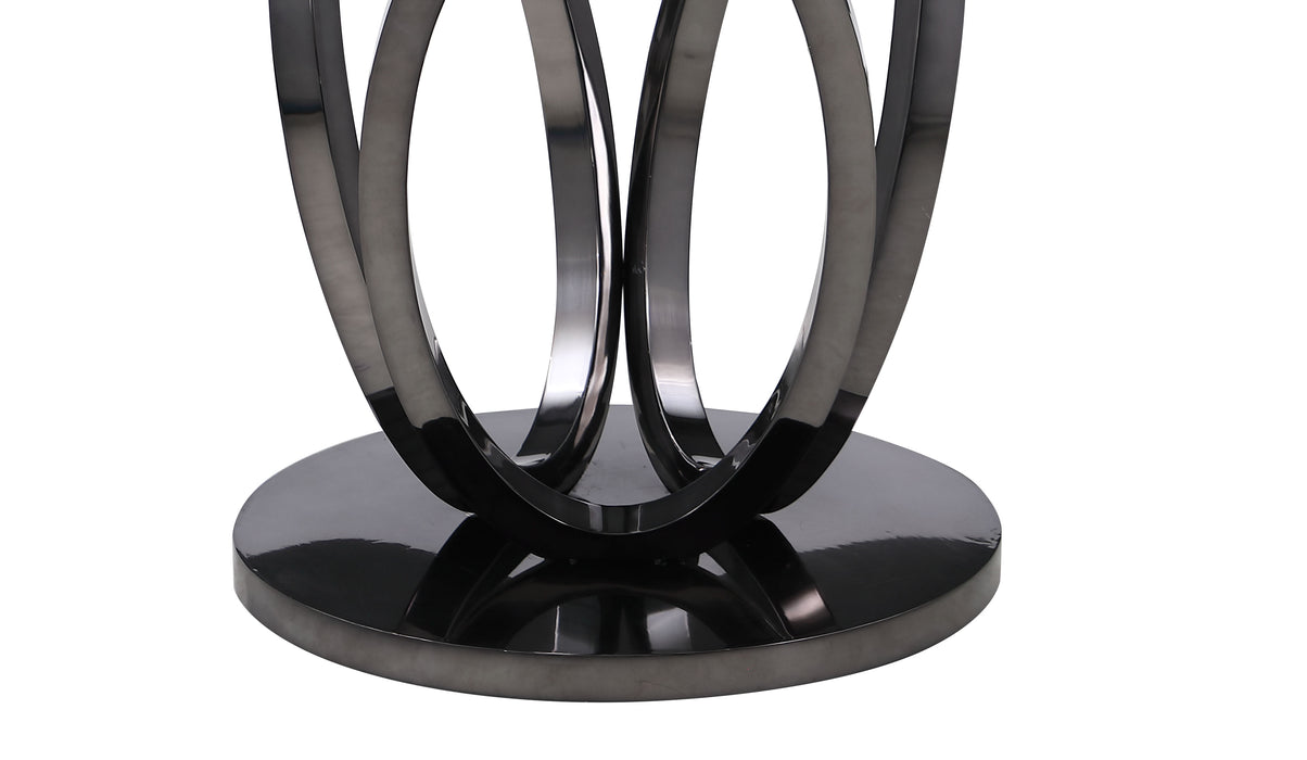Chintaly Evelyn contemporary glass top dining table with 51-inch round surface and triple ring steel base in graphite finish.