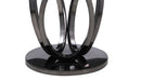 Chintaly Evelyn contemporary glass top dining table with 51-inch round surface and triple ring steel base in graphite finish.