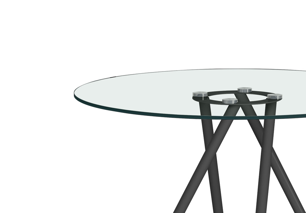 Chintaly BEATRIZ-BLK Round Glass Top Dining Table w/ Crisscross Four-legged Steel Base