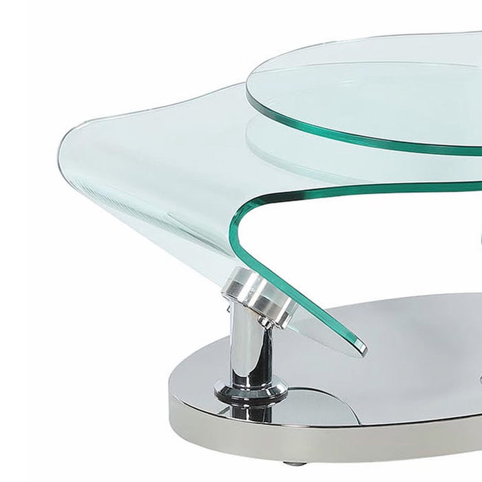 Contemporary Chintaly motion glass top coffee table with stainless steel base, showcasing sleek design and modern style.