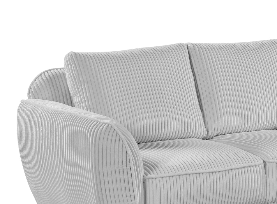 Gray fabric Charleston modern loveseat by Chintaly with channel tufting and gray wooden legs, showcasing a stylish and comfortable seating option.
