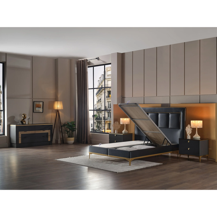 Bellona Carlino Black Leather Storage Bedroom Set – Queen & King Size