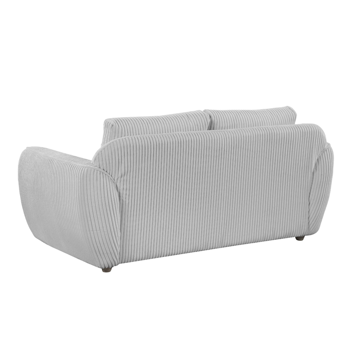 Gray fabric Charleston modern loveseat by Chintaly featuring channel tufting and oak gray wooden legs.
