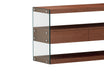 Reversible walnut wooden desk with glass panels, drawers, and shelves, featuring rotatable design and modern office style.