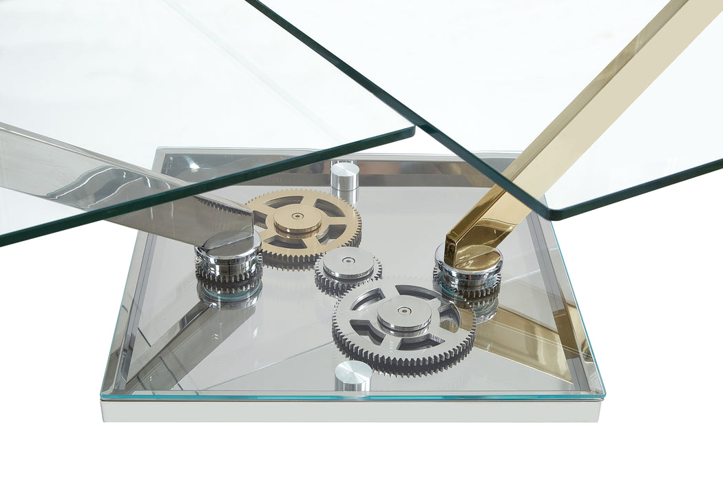 Contemporary Motion-Extendable Glass Top Cocktail Table | Clear Glass with Polished SS & Brass