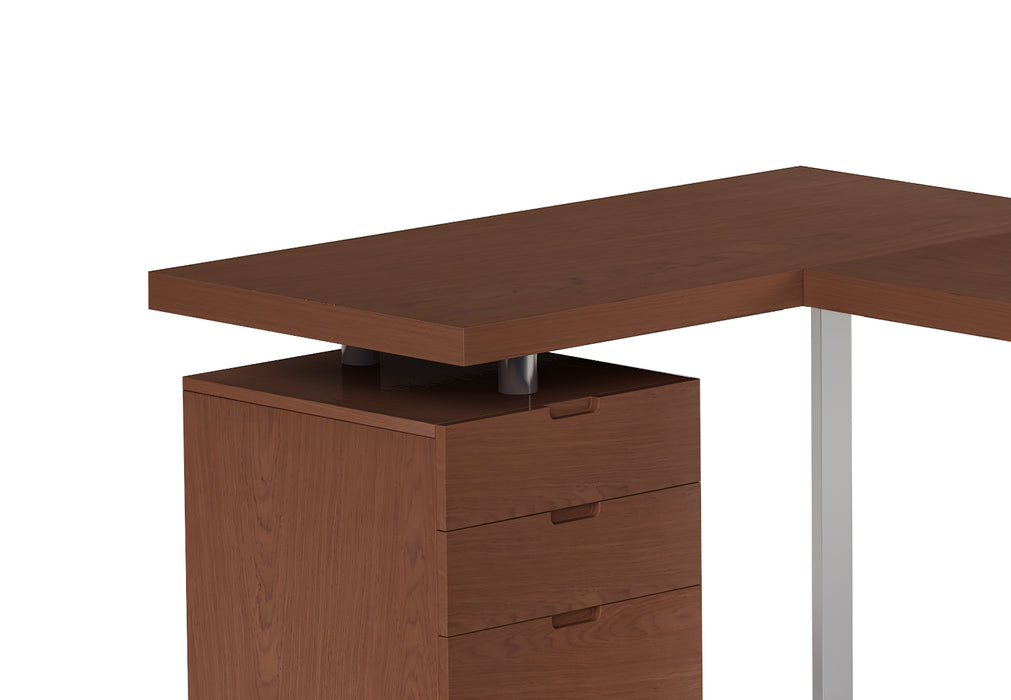 Chintaly reversible wooden home office desk with walnut veneer, 3-drawer cabinet, polished stainless steel legs, and versatile design