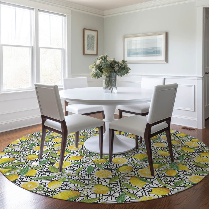 8' Boical Leaves Washable Round Rug With UV Protection - Yellow
