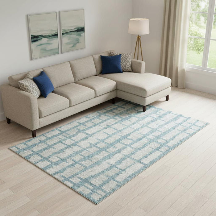 10' X 14' Striped Washable Area Rug With UV Protection (669402) - Sky Blue / Beige