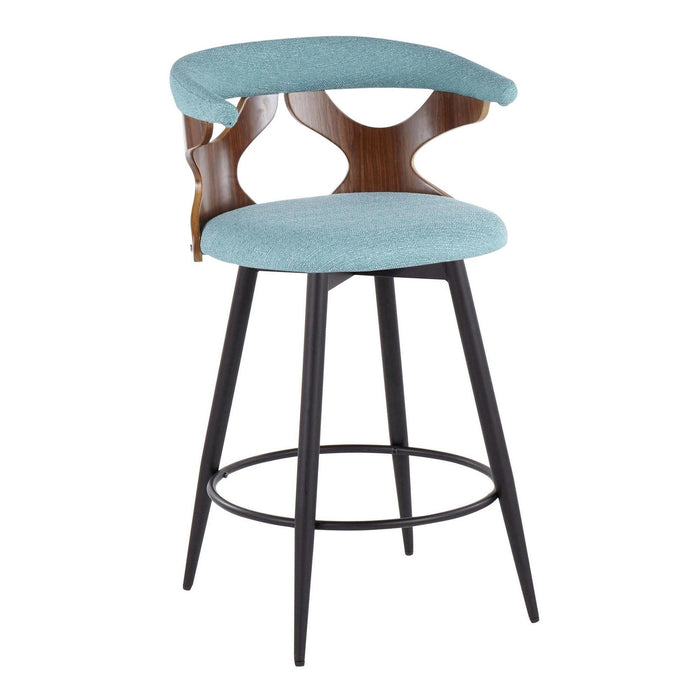 Gardenia - 25" Fixed-Height Counter Stool With Swivel And Rounded Black Metal Footrest (Set of 2) - Black Metal, Walnut Wood